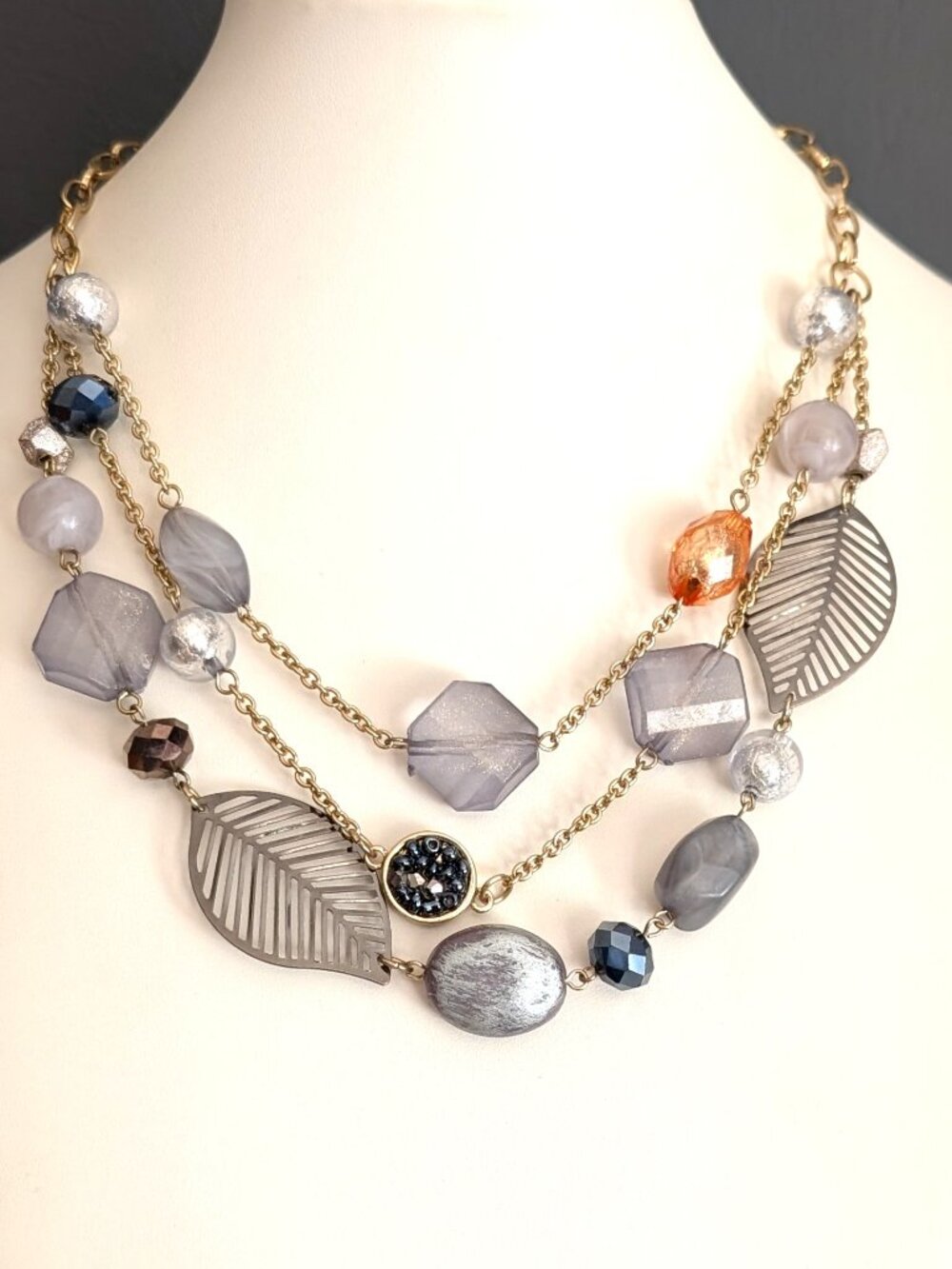Multi pale gray, faux glass, metal leaves and silver beaded layered necklace